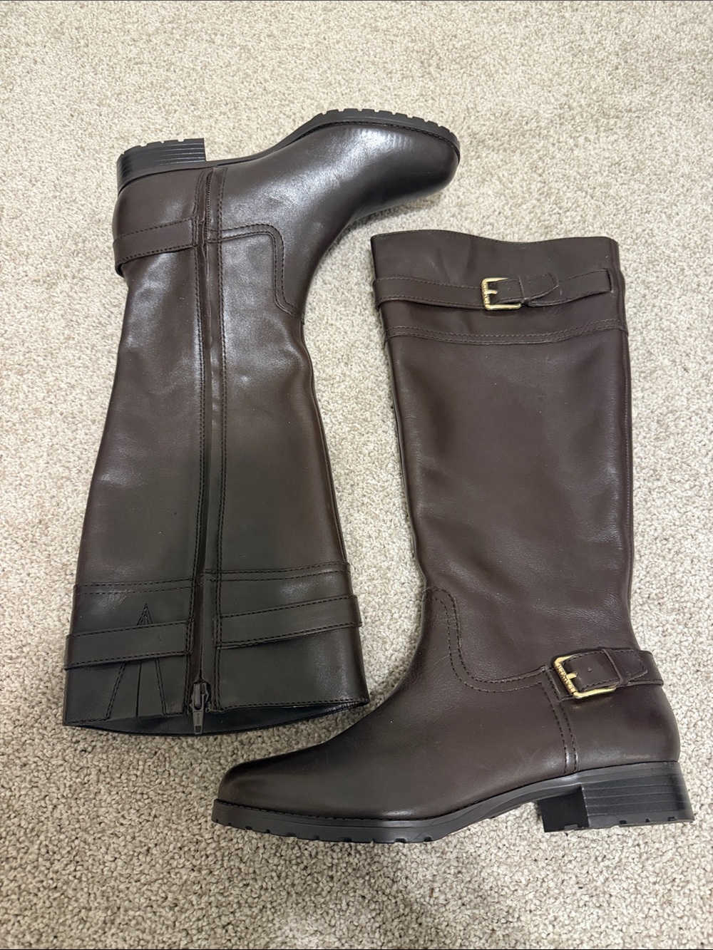 Lauren Ralph Lauren Dark Brown Leather Riding Boots with Buckles